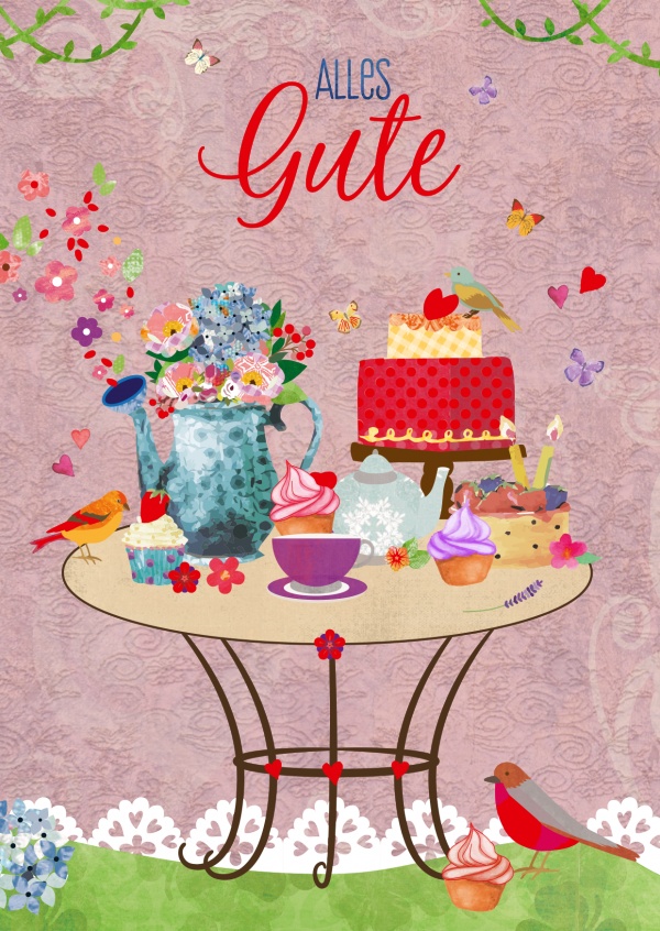 Illustration mit Kaffee und Kuchen im Garten â€“ Alles Gute