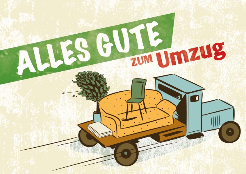 Umzugs-Lastwagen mit Sofa auf LadeflÃ¤che-Illustration zum Umzugâ€“mypostcard