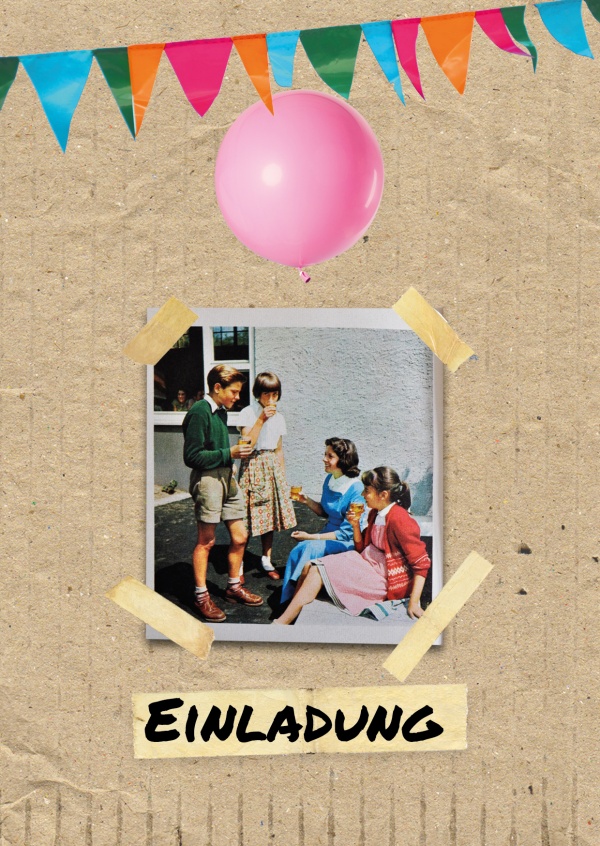 Retro einladungskarte mit luftballon und polaroid