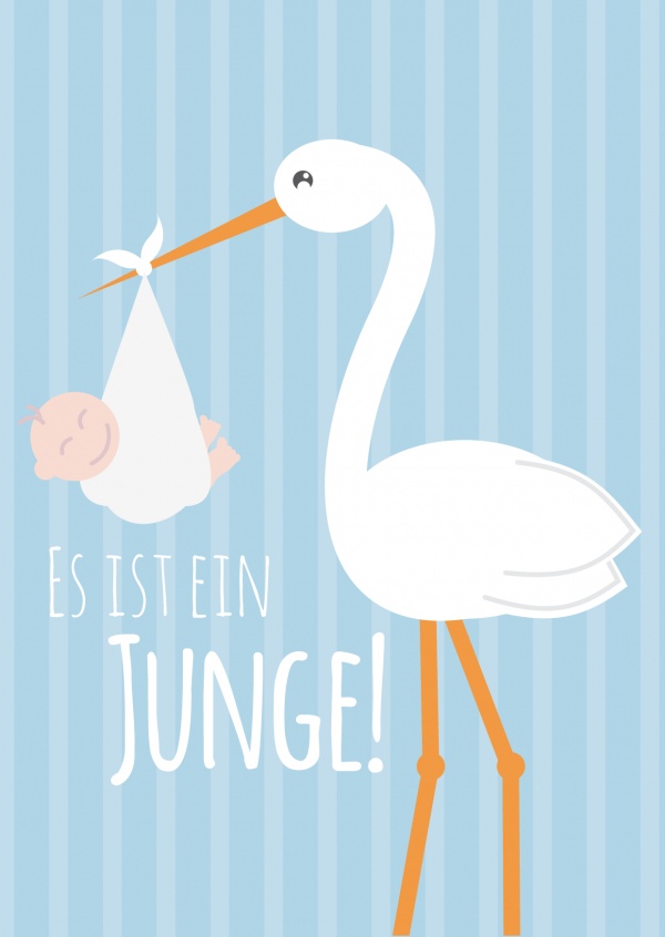 Es ist ein Junge-Schriftzug in weiÃŸ mit Storch und Baby auf blau-gestreiftem Hintergrund