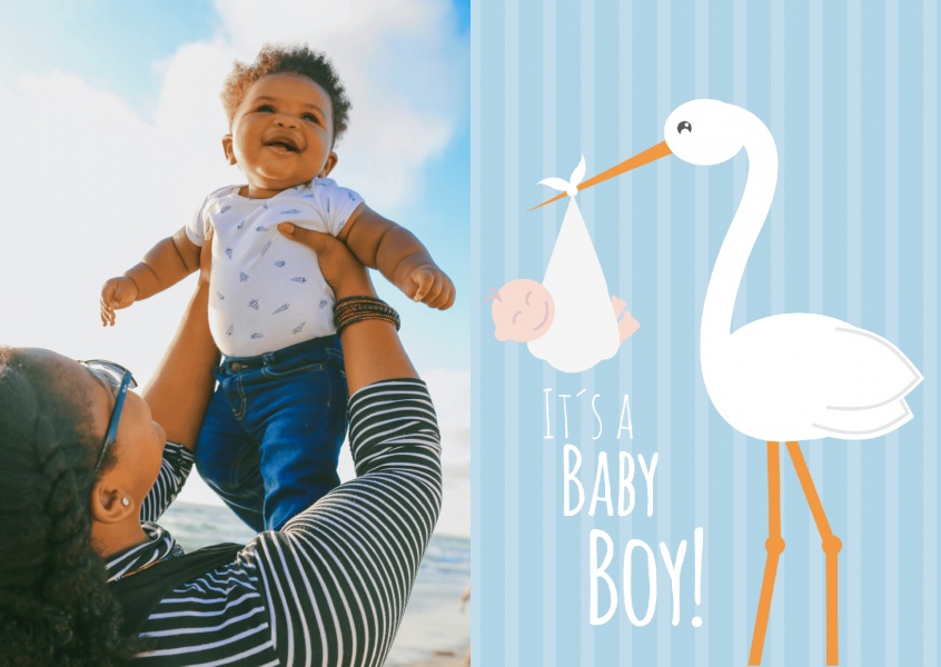 Weißer It's a baby boy- Schriftzug mit einem Storch und Baby auf blauem Hintergrund