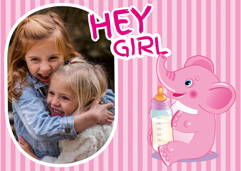 Baby MÃ¤dchen hey girl mit rosa Elephant und gestreiftem Hintergrund
