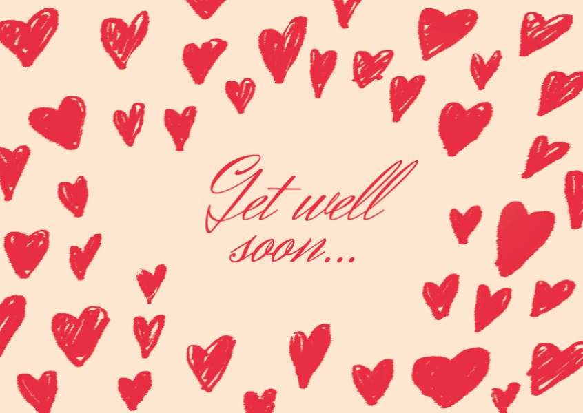 Many hearts with a Get well soon Slogan in red 
