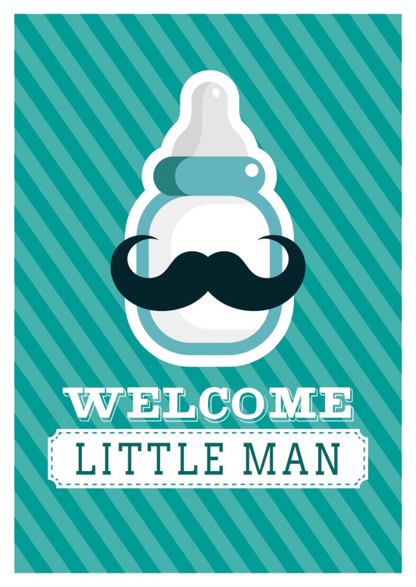 Welcome Little Man-Schriftzug mit Moustache-Flasche auf gemustertem Hintergrund