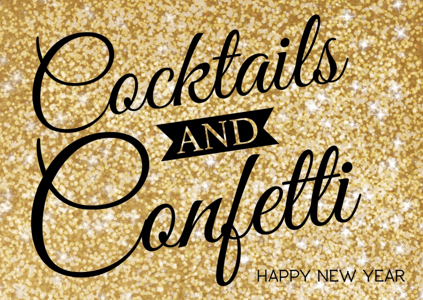 Golden card with quote: Cocktails and confetti