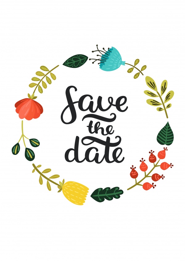 save the date invitation postcard with a circle of flowers