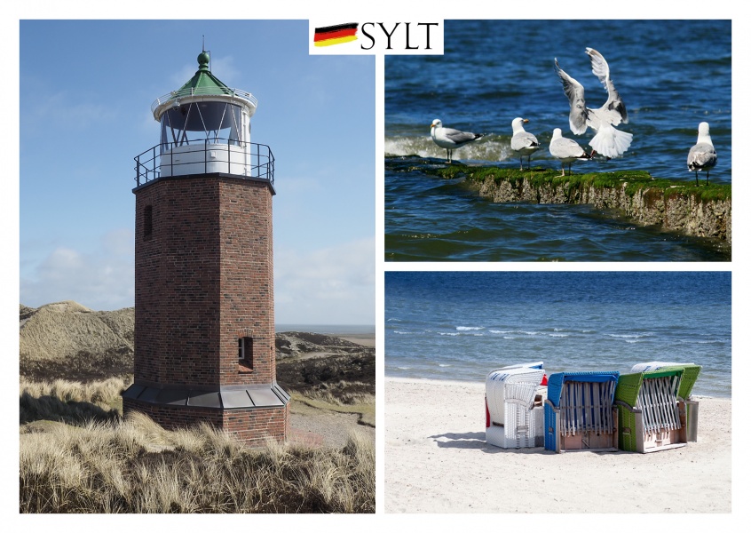 fotocollage of Sylt with beach chairs, lighthouse and gulls