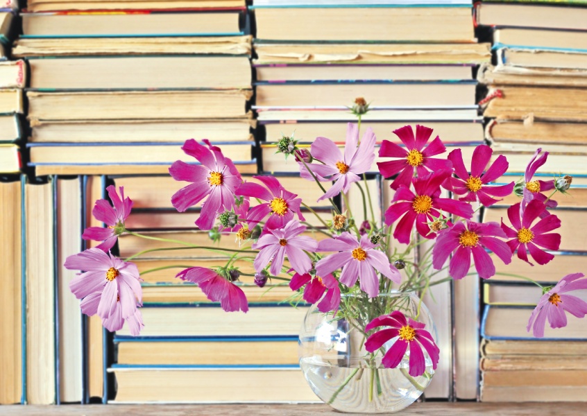 Stilleben – Vase mit Blumen und Büchern