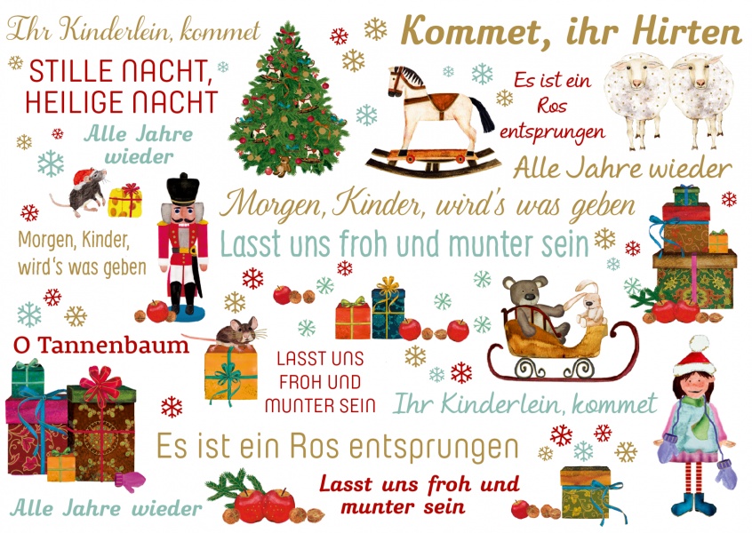 Weihnachts Grusskarte mit Illustration von Weihnachtsliedern