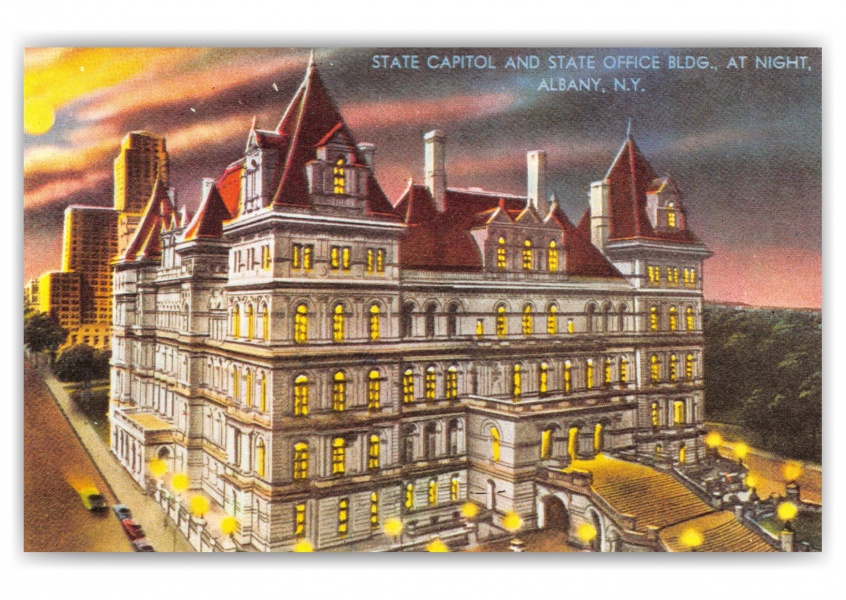 Albany, New York, State Capitol and Office Building at night