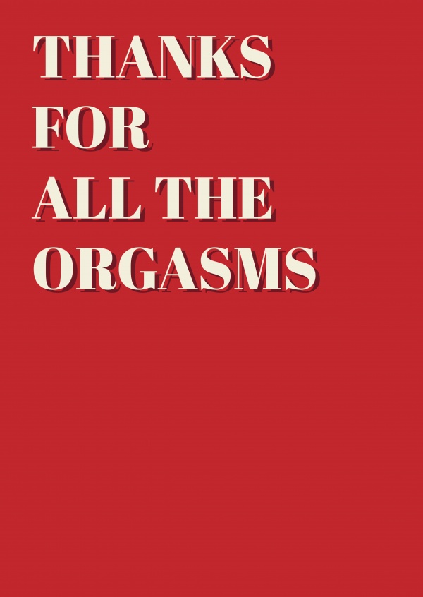 rode kaart met opschrift Bedankt voor alle orgasmes