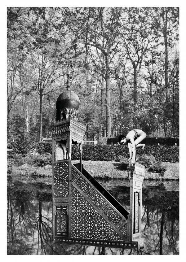surrealistic black n white collage Belrost enchanted garden