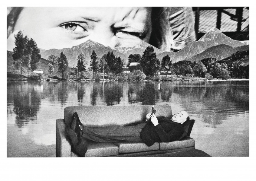 surrealistic black and white collage by belrost read a book