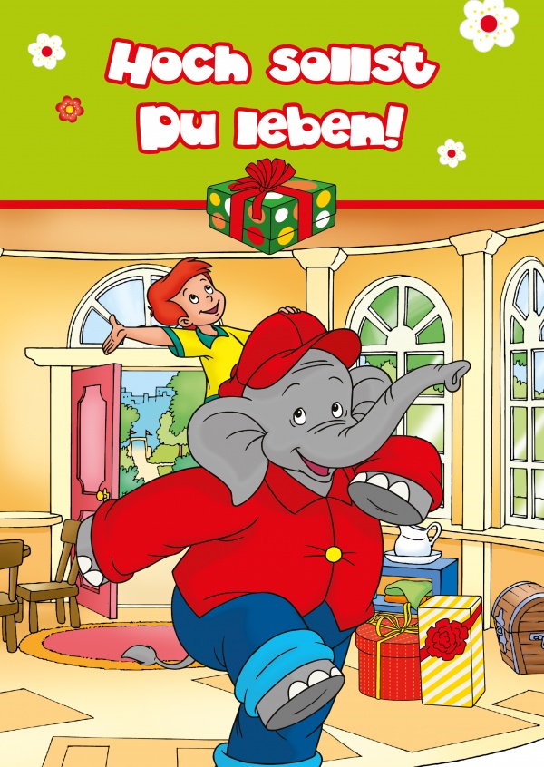 Grafik Benjamin Blümchen mit Otto auf Schulten in Zimmer