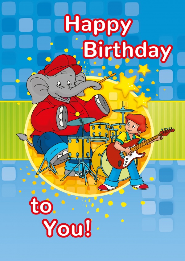 illustration Benjamin the elephant and Otto playing drums and guitar
