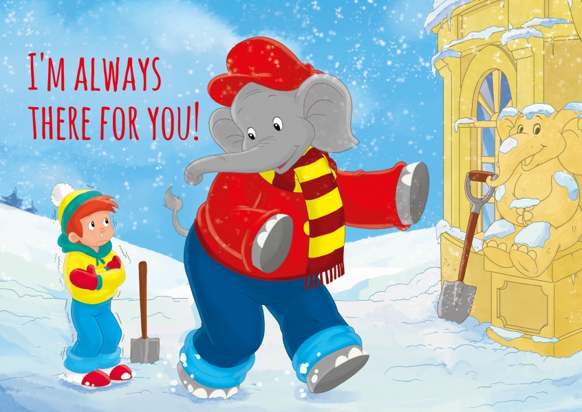 illustration Benjamin the elephant with Otto outside in the snow