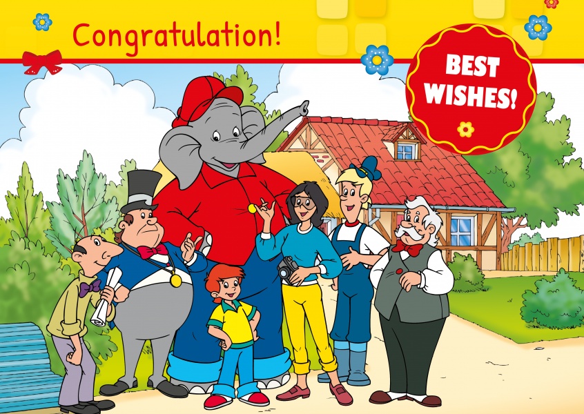 illustration Benjamin the elephant with all his friends in front of the zoo