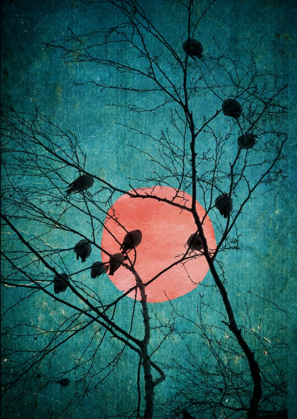 Kubistika sleeping birds in a tree with red moon in the back