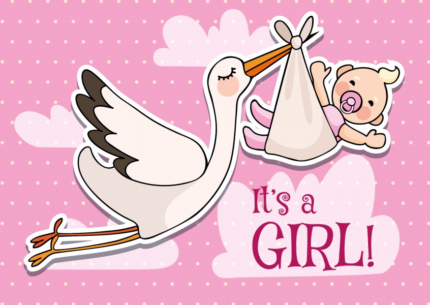 It's a girl-Lettering with stork and baby on a pink background