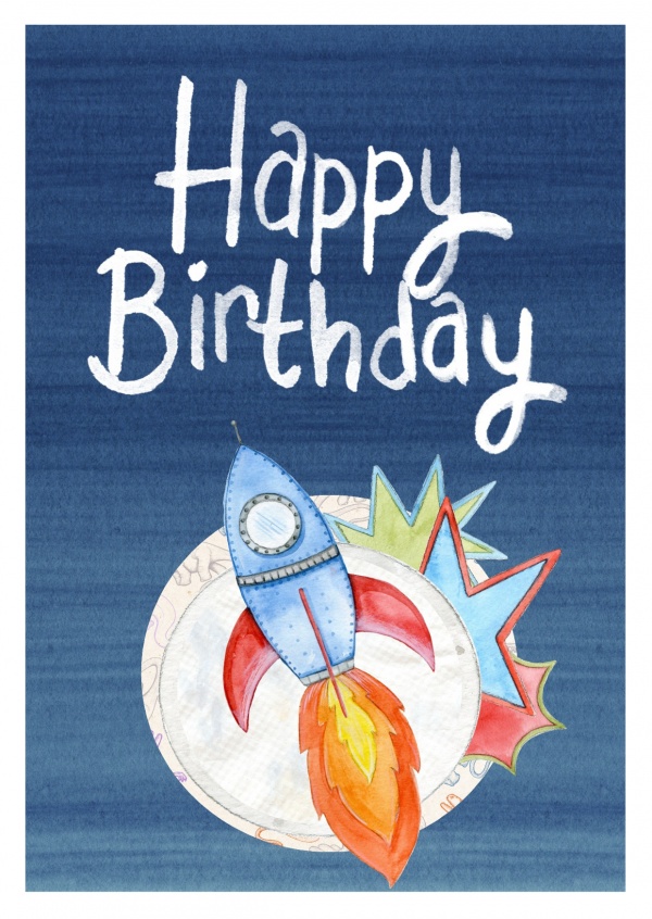 Illustration bunte Rakete Mond happy birthday