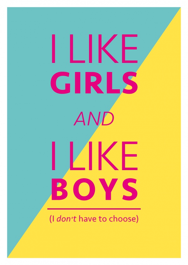 Queer bisexuality pride statement in pink lettering on blue and yellow background–mypostcard