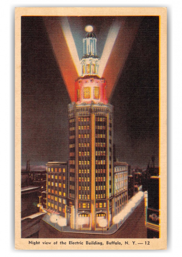 Buffalo, New York, Electric Building at night cartões postais vintage