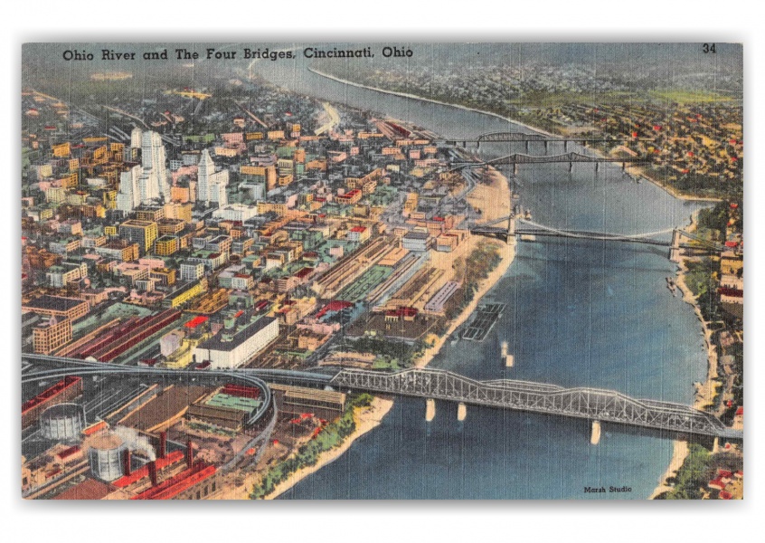 Cincinatti Ohio Ohio River and The Four Bridges Aerial View