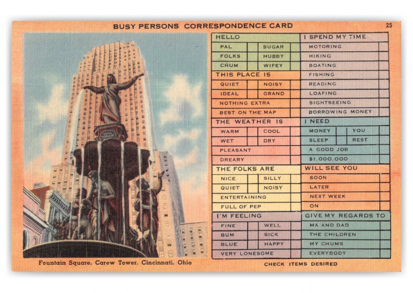 Cincinnati Ohio Fountain Square Carew Tower Correspondence Card