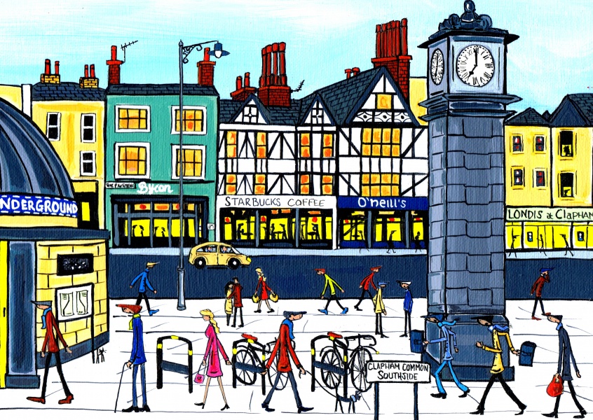 Illustration Södra London Konstnären Dan Clapham common klocka