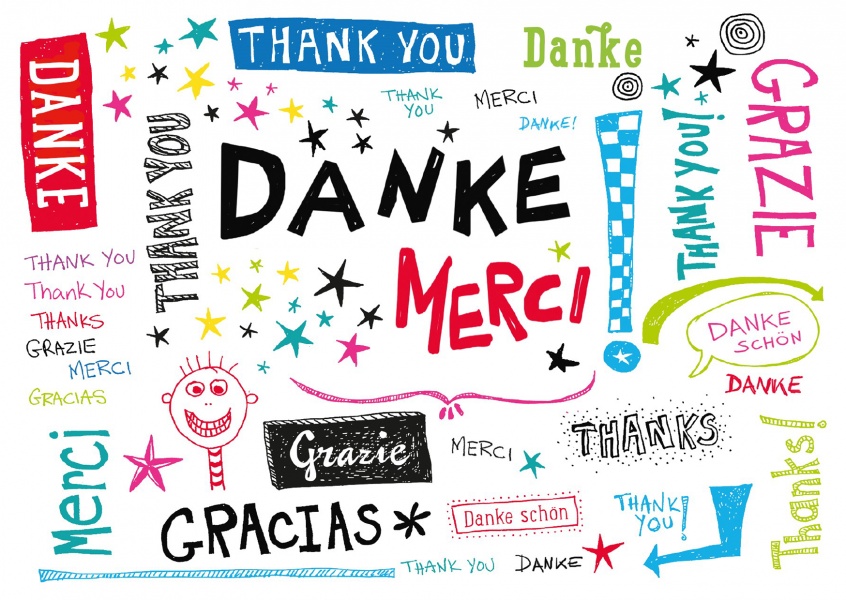 Dankeskarte international verschiedene Sprachen Danke Grazie Thank you Merci gemalt Schriftzug niedlich
