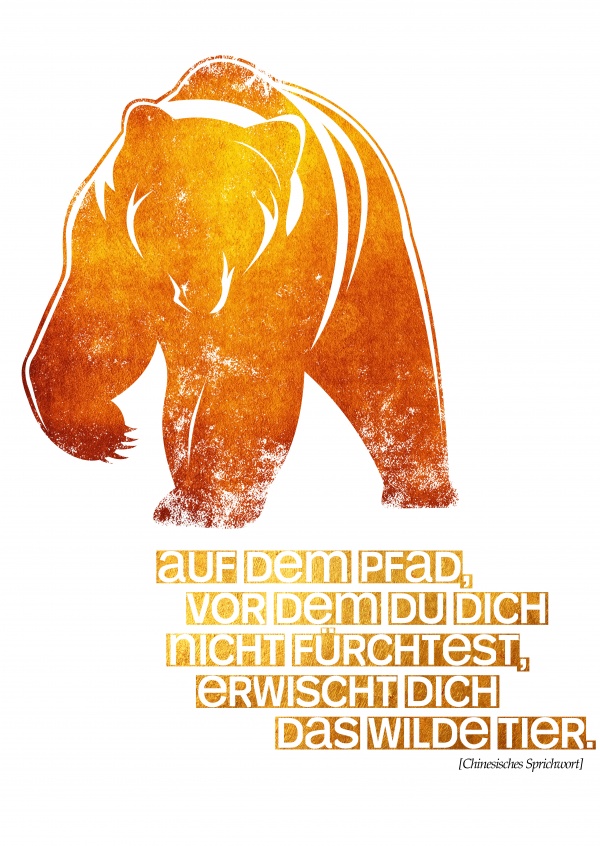 Kubistika Grizzly BÃ¤r in orangem it Spruch Das wilde Tier