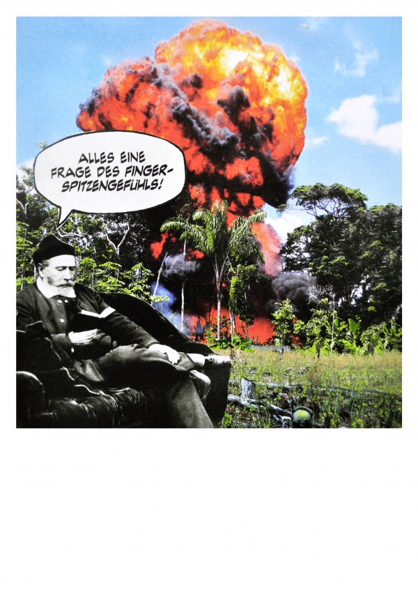 Collage von Belrost mit Explosion ind Sprechblase