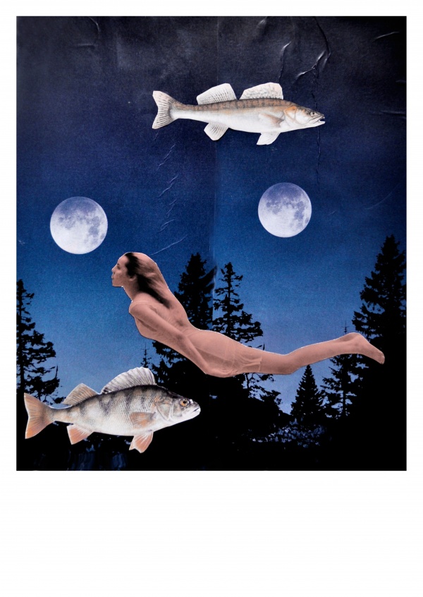 Collage Belrost womand swimming with fishes under two moons