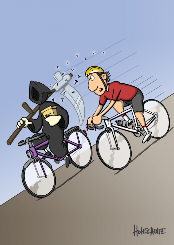 tot aber lustig Michael Holtschulte Cartoon Sensemann fÃ¤hrt downhill Fahrrad
