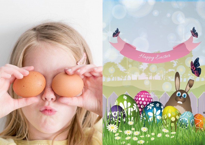 Easterbunny and Eastereggs with spring landscape background