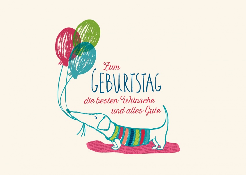 Geburtstags Gkückwünsche mit Illustration von kleinem Dackel mit Luftballons von Gutschverlag–mypostcard