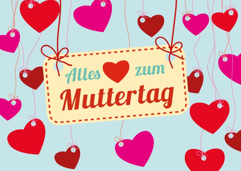 Herzluftballons in rot und pink, alles Liebe zum Muttertag–mypostcard