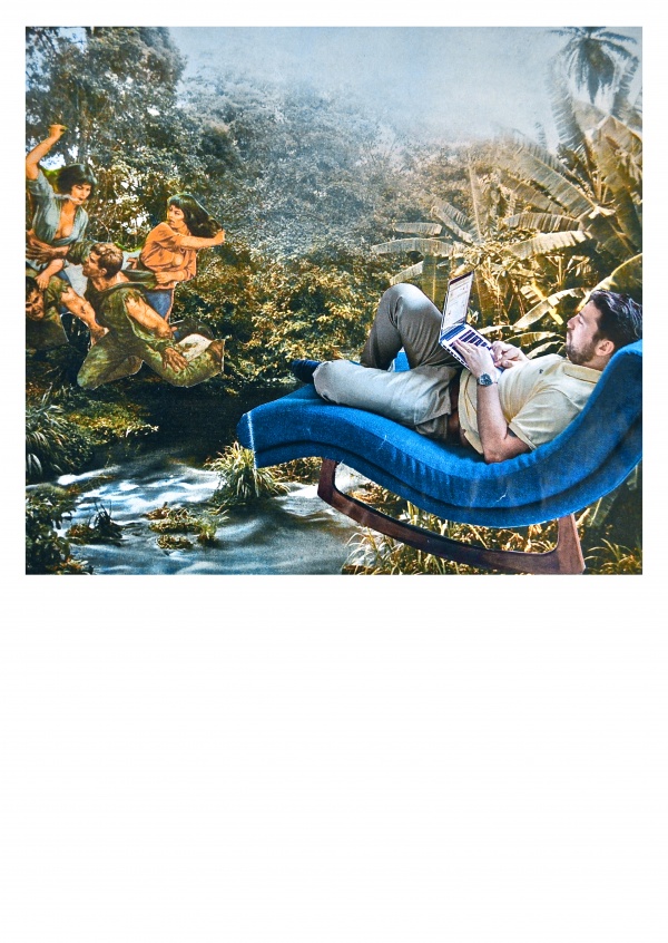 Collage von Belrost mit Mann auf Liegestuhl im Urwald