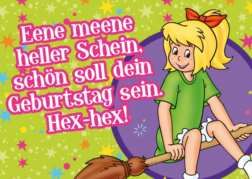 Bibi Blocksberg Design Postkarte Eene meene heller Schein, schön soll dein Geburtstag sein.