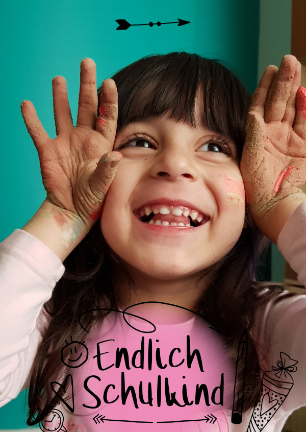 Postkarte Spruch Endlich Schulkind in Pink