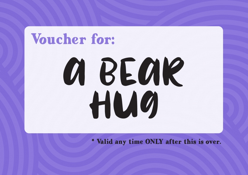 carte postale disant Bon pour: un bear hug (valide seulement quand c'est fini)