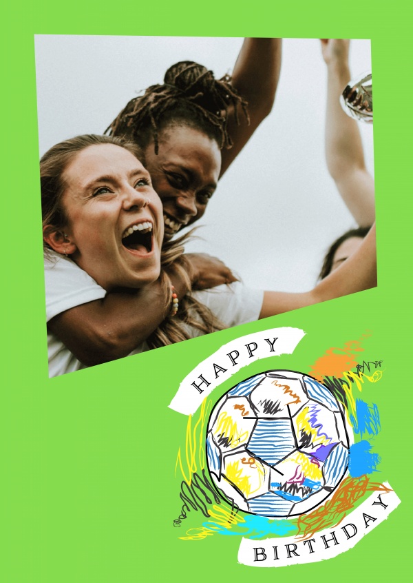 Green template with colourful football. Happy Birthday.
