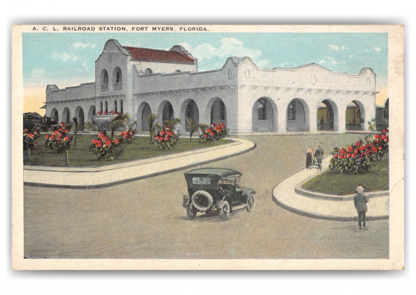 Fort Myers Florida ACL Railroad Station Front View with Automobile