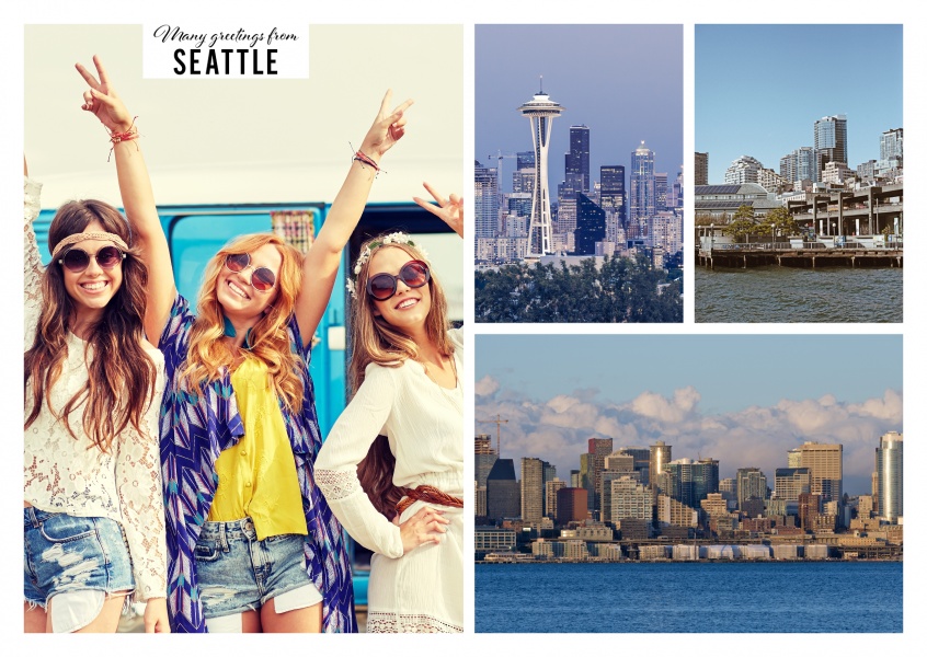 greetingcard with big-city life of Seattle and lighthouse at the beach