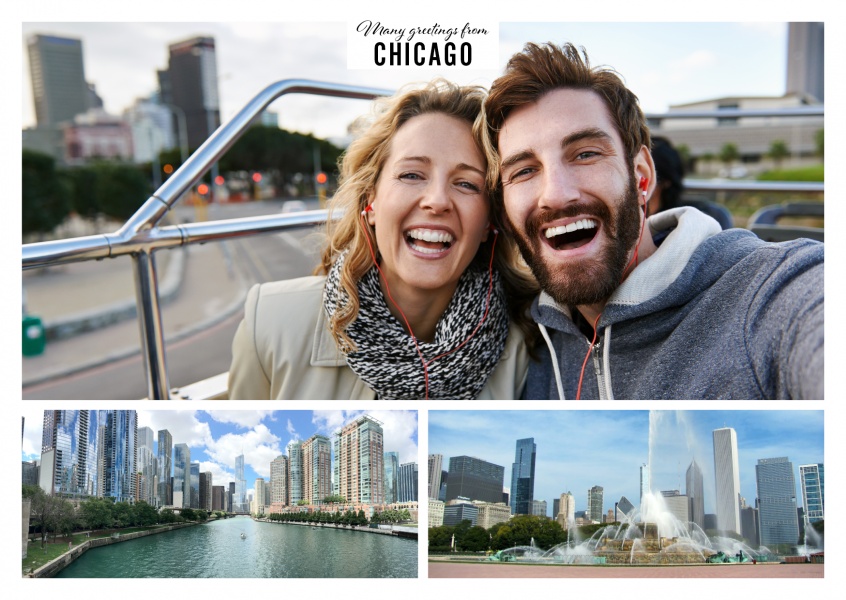 two photos of Chicago's skyline and Buckingham Fountain