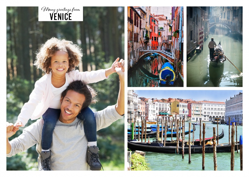 Three photos of Venice with gondolas and Basilica di Santa Maria della Salute