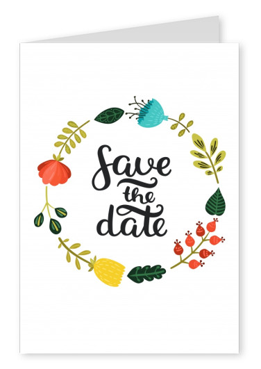 save the date invitation postcard with a circle of flowers