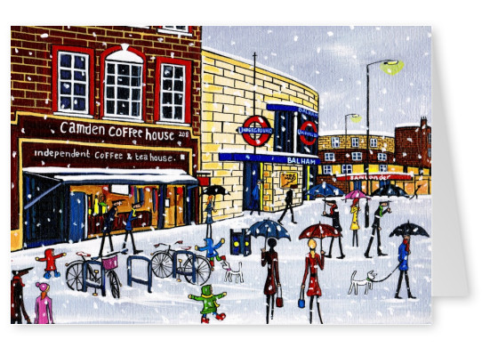 Illustratie Zuid-Londen Kunstenaar Dan Balham sneeuw cafe