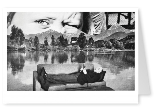 surrealistische zwart-wit collage van belrost een boek lezen