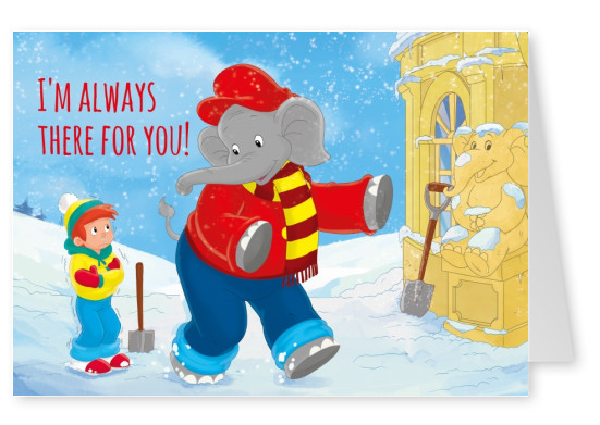 illustration Benjamin the elephant with Otto outside in the snow